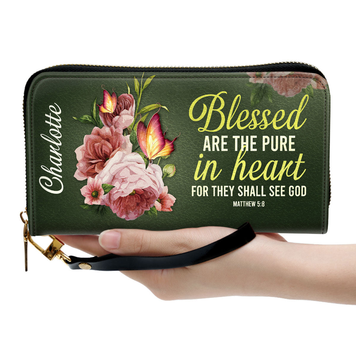 Women Clutch Purse - Gifts For Christian Women Blessed Are The Pure In Heart Matthew 58 Personalized Leather Clutch Purse With Wristlet Strap Handle