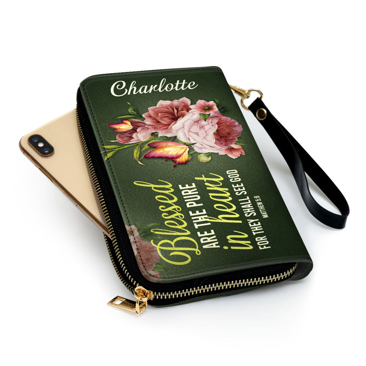 Women Clutch Purse - Gifts For Christian Women Blessed Are The Pure In Heart Matthew 58 Personalized Leather Clutch Purse With Wristlet Strap Handle
