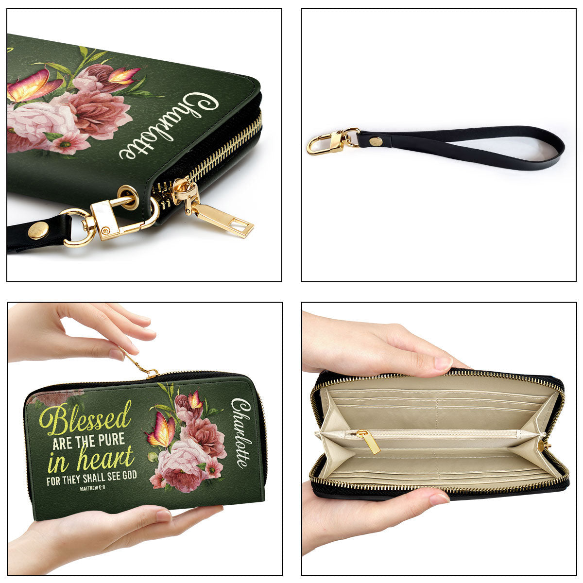 Women Clutch Purse - Gifts For Christian Women Blessed Are The Pure In Heart Matthew 58 Personalized Leather Clutch Purse With Wristlet Strap Handle