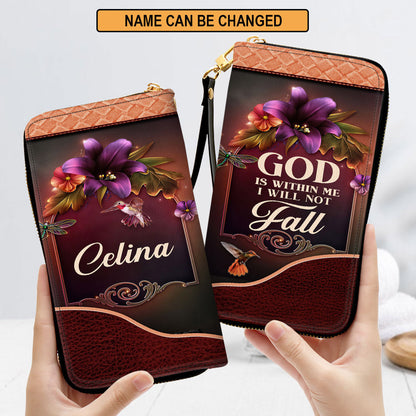 Women Clutch Purse - God Is Within Me, I Will Not Fall Psalm 465 Gifts Scripture For Christian Women Personalized Lily Zippered Leather Clutch Purse