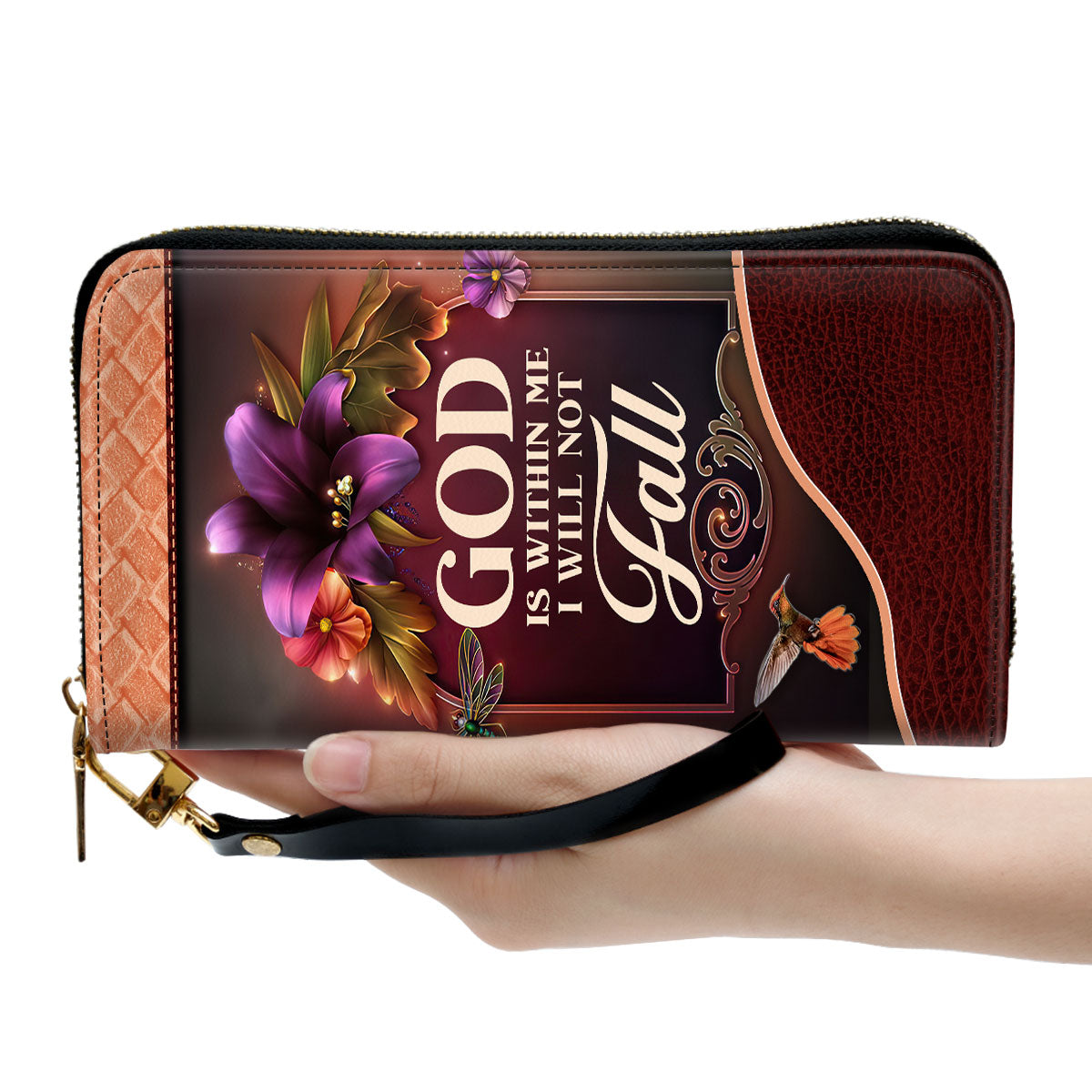 Women Clutch Purse - God Is Within Me, I Will Not Fall Psalm 465 Gifts Scripture For Christian Women Personalized Lily Zippered Leather Clutch Purse