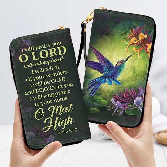 Women Clutch Purse - Humming Bird And Flower Zippered Leather Christian Clutch Purse Psalm 91-2 I Will Praise You Scripture Gifts For Women