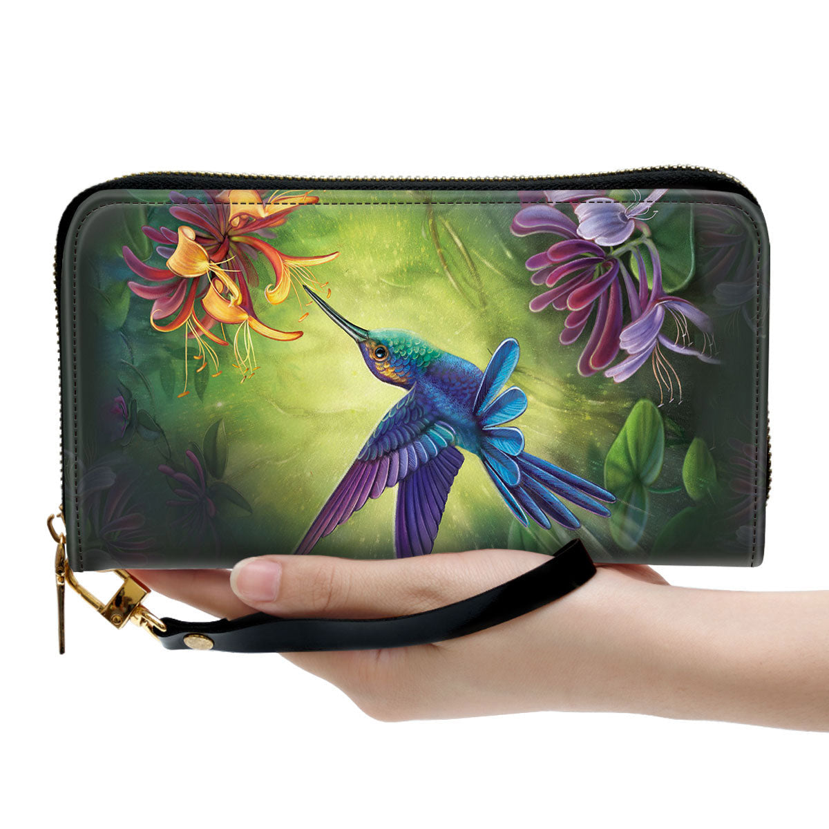 Women Clutch Purse - Humming Bird And Flower Zippered Leather Christian Clutch Purse Psalm 91-2 I Will Praise You Scripture Gifts For Women