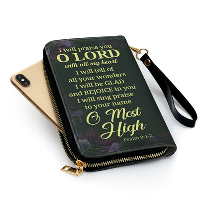 Women Clutch Purse - Humming Bird And Flower Zippered Leather Christian Clutch Purse Psalm 91-2 I Will Praise You Scripture Gifts For Women