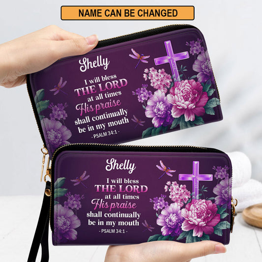 Women Clutch Purse - I Will Bless The Lord At All Times Psalm 341 Personalized Leather Clutch Purse Cross And Flower
