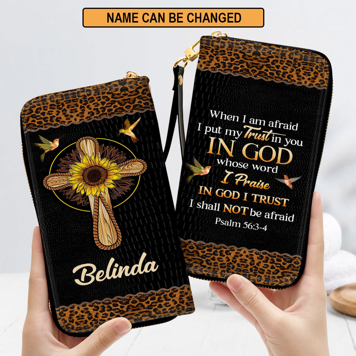 Women Clutch Purse - In God I Trust I Shall Not Be Afraid Personalized Zippered Leather Clutch Purse Psalm 563-4 Spiritual Gifts Scripture For Women