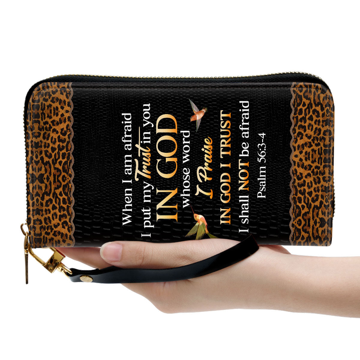 Women Clutch Purse - In God I Trust I Shall Not Be Afraid Personalized Zippered Leather Clutch Purse Psalm 563-4 Spiritual Gifts Scripture For Women