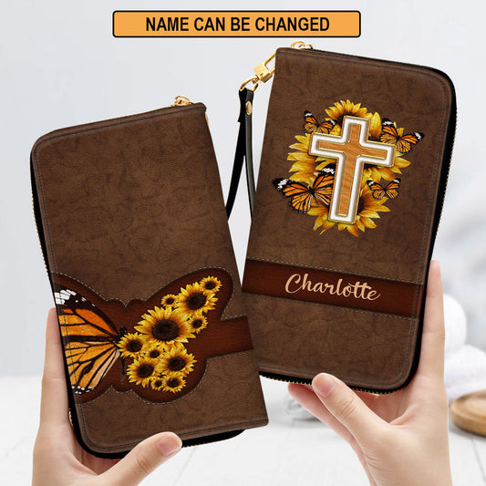 Women Clutch Purse - Inspiration Gifts For Christian Women Personalized Zippered Leather Clutch Purse Sunflower And Cross