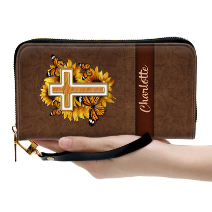 Women Clutch Purse - Inspiration Gifts For Christian Women Personalized Zippered Leather Clutch Purse Sunflower And Cross