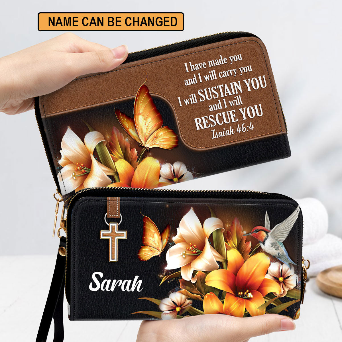 Women Clutch Purse - Isaiah 464 I Will Sustain You And I Will Rescue You - Personalized Lily Leather Clutch Purse - Faith Gifts From God For Christ Women