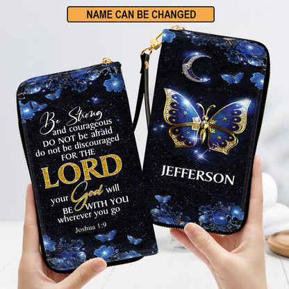 Women Clutch Purse - Joshua 19 Religious Gift With Bible Scripture For Christian Women Personalized Butterfly Zippered Leather Clutch Purse