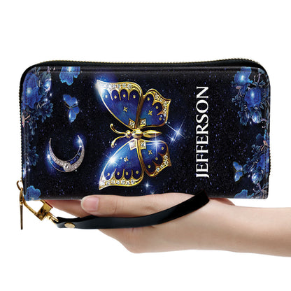 Women Clutch Purse - Joshua 19 Religious Gift With Bible Scripture For Christian Women Personalized Butterfly Zippered Leather Clutch Purse