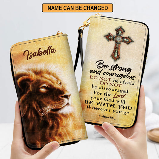 Women Clutch Purse - Joshua 19 Spiritual Gifts For Christ Women Be Strong And Courageous Personalized Lion Zippered Leather Clutch Purse