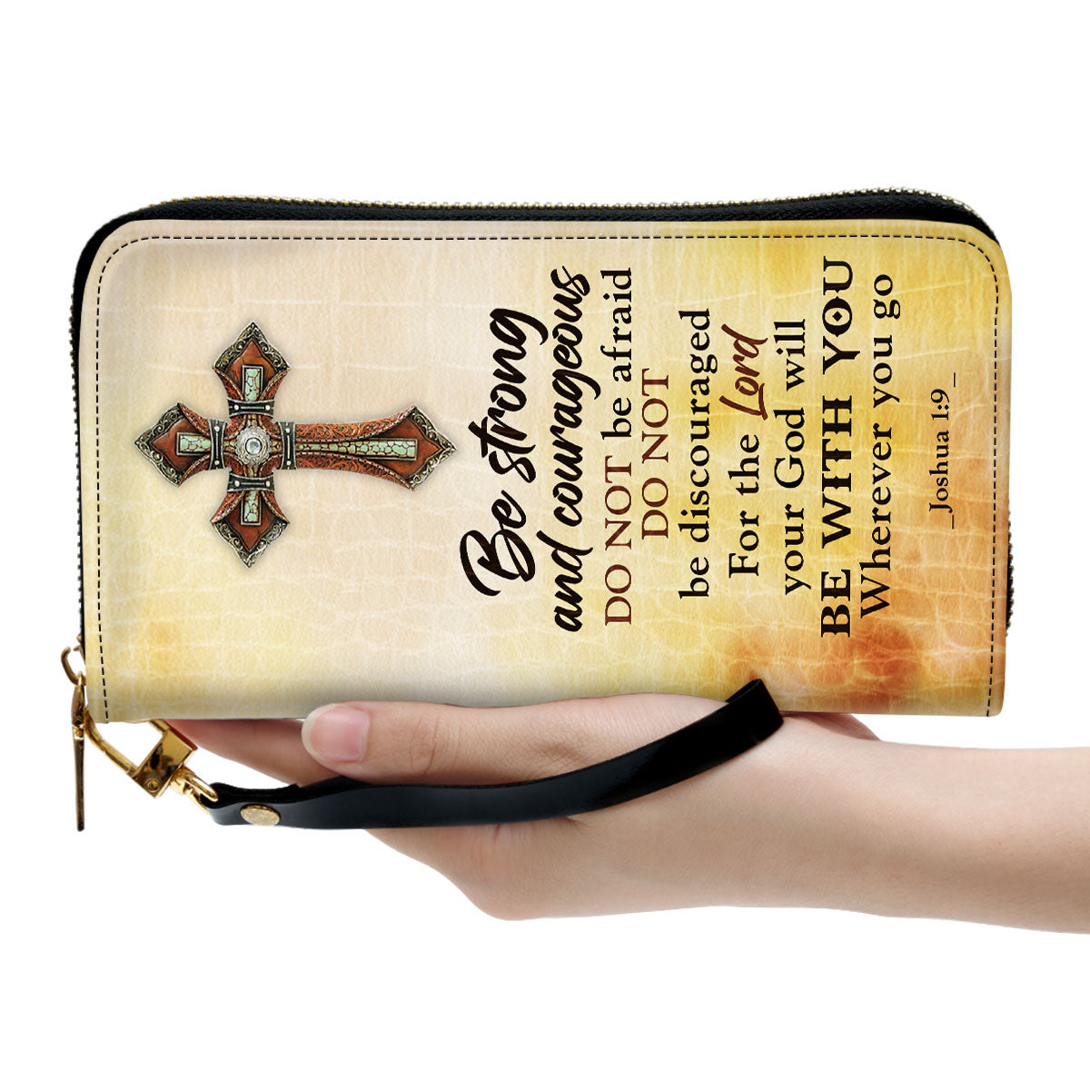 Women Clutch Purse - Joshua 19 Spiritual Gifts For Christ Women Be Strong And Courageous Personalized Lion Zippered Leather Clutch Purse
