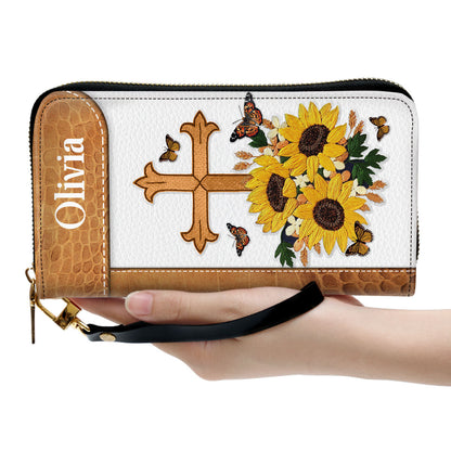 Women Clutch Purse - Let Us Rejoice And Be Glad In It Personalized Sunflower Zippered Leather Clutch Purse Psalm 11824 Christ Gift For Religious Women