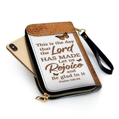 Women Clutch Purse - Let Us Rejoice And Be Glad In It Personalized Sunflower Zippered Leather Clutch Purse Psalm 11824 Christ Gift For Religious Women
