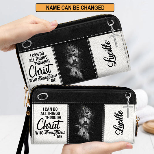 Women Clutch Purse - Lion And Jesus I Can Do All Things Through Christ Philippians 413 Beautiful Personalized Leather Clutch Purse