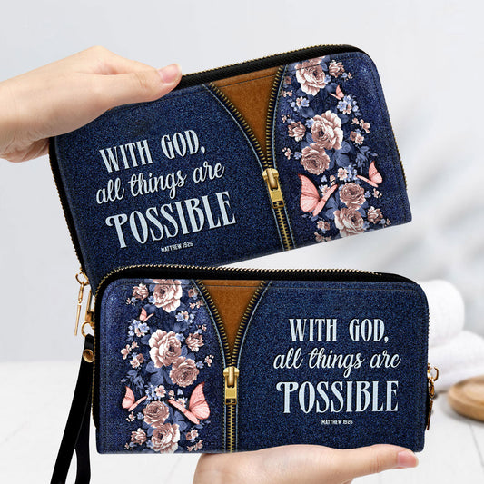 Women Clutch Purse - Matthew 1926 With God All Things Are Possible Zippered Clutch Purse With Wristlet Strap Handle Christ Gift For Religious Woman