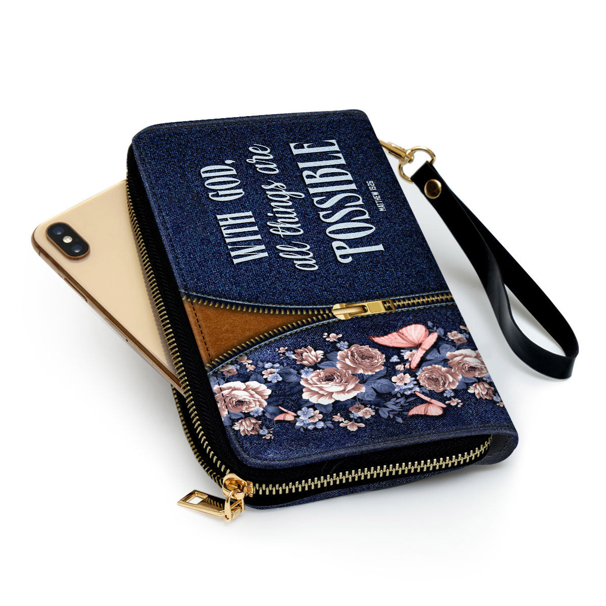 Women Clutch Purse - Matthew 1926 With God All Things Are Possible Zippered Clutch Purse With Wristlet Strap Handle Christ Gift For Religious Woman