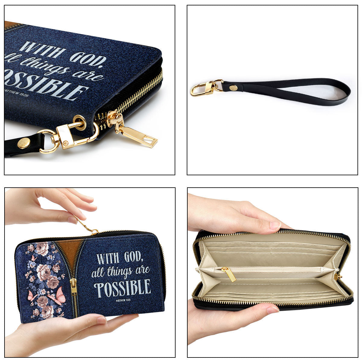 Women Clutch Purse - Matthew 1926 With God All Things Are Possible Zippered Clutch Purse With Wristlet Strap Handle Christ Gift For Religious Woman