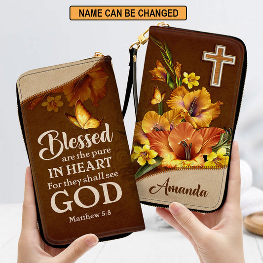 Women Clutch Purse - Matthew 58 Blessed Are The Pure In Heart Gifts For Christian Women Personalized Zippered Leather Clutch Purse