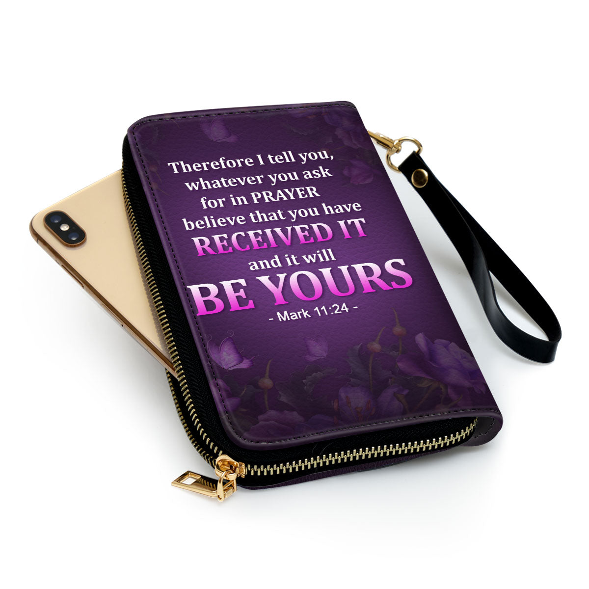 Women Clutch Purse - Personalized Purple Leather Clutch Purse Mark 1124 Believe That You Have Received It - Spiritual Gifts For Women
