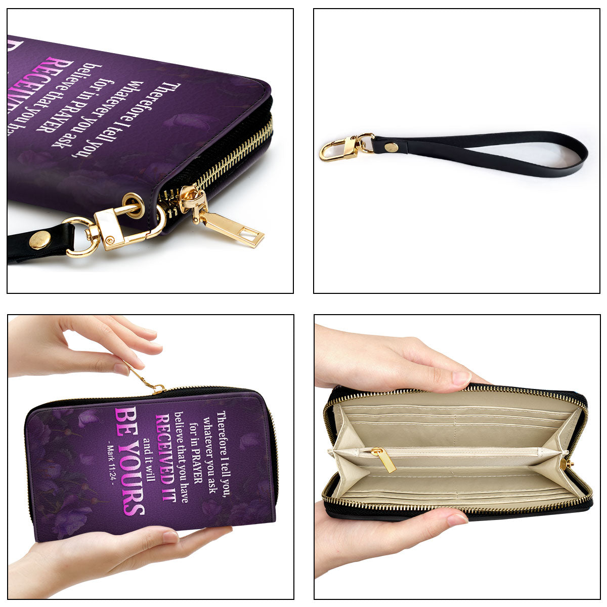 Women Clutch Purse - Personalized Purple Leather Clutch Purse Mark 1124 Believe That You Have Received It - Spiritual Gifts For Women