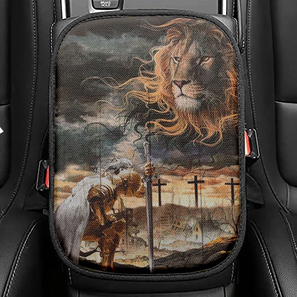 Women Warrior Kneel Before Lion Of Judah Seat Box Cover, Christian Car Center Console Cover, Religious Car Interior Accessories