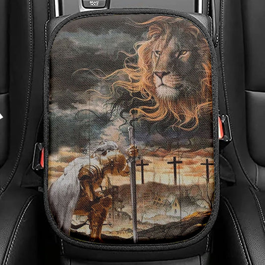 Women Warrior Kneel Before Lion Of Judah Seat Box Cover, Christian Car Center Console Cover, Religious Car Interior Accessories