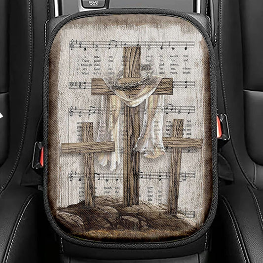 Wooden Cross Amazing Grace Lyrics Seat Box Cover, Christian Car Center Console Cover, Bible Verse Car Interior Accessories