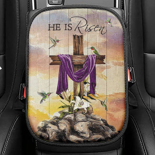 Wooden Cross Lily Flower Hummingbird He Is Risen Seat Box Cover, Christian Car Center Console Cover, Bible Verse Car Interior Accessories