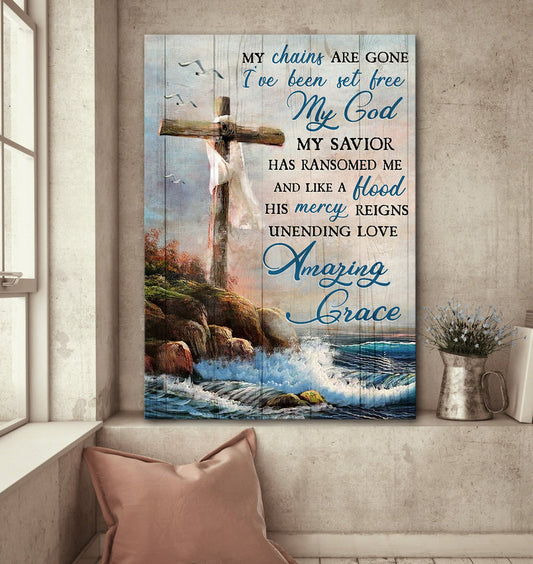 Wooden Cross Sea My Chains Are Gone Jesus Canvas Wall Art - Christian Wall Posters - Religious Wall Decor
