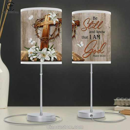 Wooden Cross White Lily - Be Still & Know That I Am God Table Lamp For Bedroom - Christian Lamp Art - Christian Room Decor