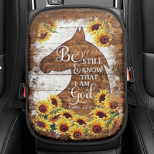 Wooden Horse Sunflower Be Still And Know That I Am God Seat Box Cover, Christian Car Center Console Cover, Bible Verse Car Interior Accessories