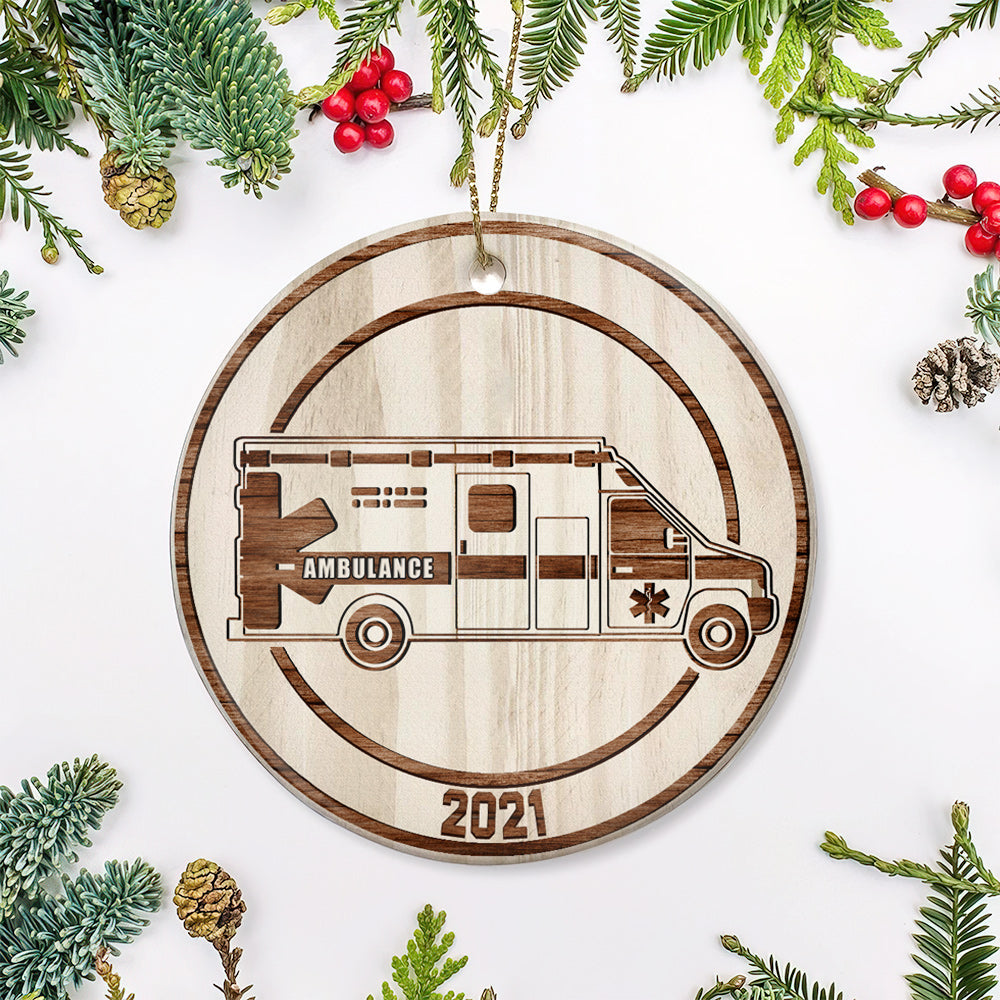 Wooden Style Ambulance Medical Vehicle Ceramic Circle Ornament - Decorative Ornament - Christmas Ornament