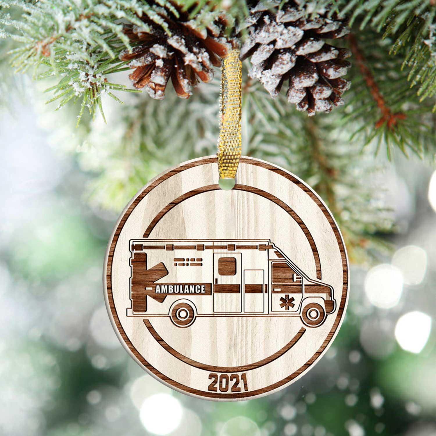 Wooden Style Ambulance Medical Vehicle Ceramic Circle Ornament - Decorative Ornament - Christmas Ornament