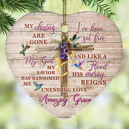 Wooden Style Faith My Chains Are Gone Heart Ceramic Ornament - Christmas Ornament - Christmas Gift