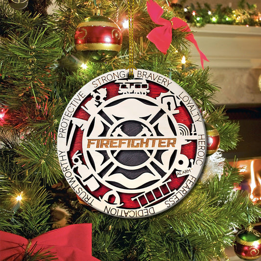 Wooden Style Symbol For Firefighters Ceramic Circle Ornament - Decorative Ornament - Christmas Ornament