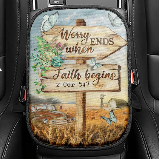 Worry Ends When Faith Begins Old Car Butterfly Countryside Seat Box Cover, Christian Car Center Console Cover, Bible Verse Car Interior Accessories