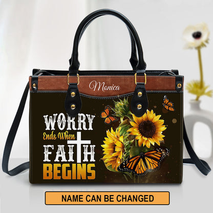 Worry Ends When Faith Begins Personalized Butterfly Leather Bag For Women - Religious Gifts For Women