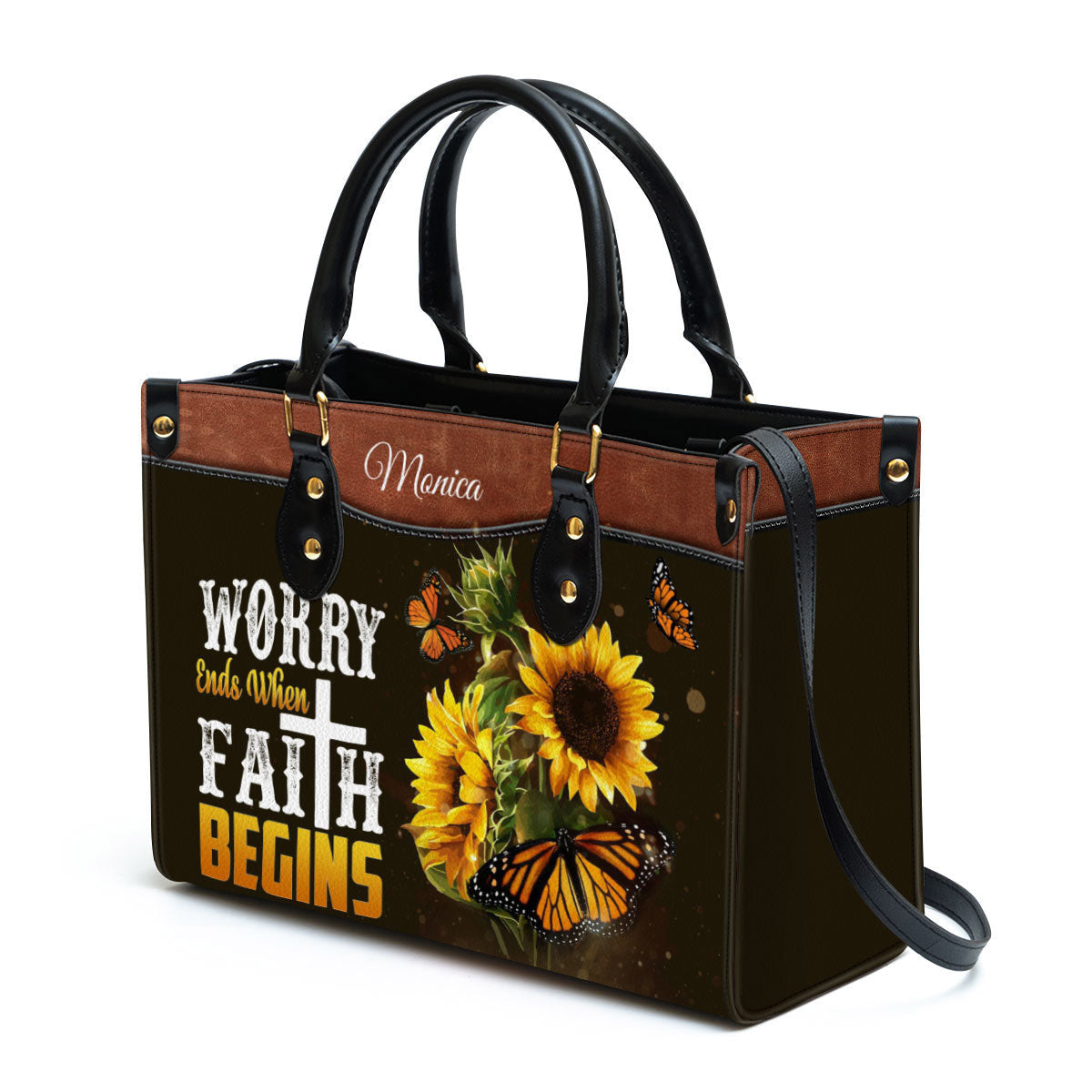 Worry Ends When Faith Begins Personalized Butterfly Leather Bag For Women - Religious Gifts For Women