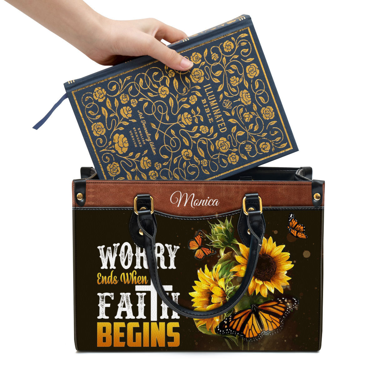 Worry Ends When Faith Begins Personalized Butterfly Leather Bag For Women - Religious Gifts For Women