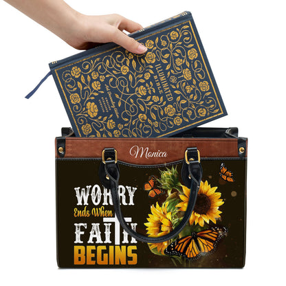 Worry Ends When Faith Begins Personalized Butterfly Leather Bag For Women - Religious Gifts For Women