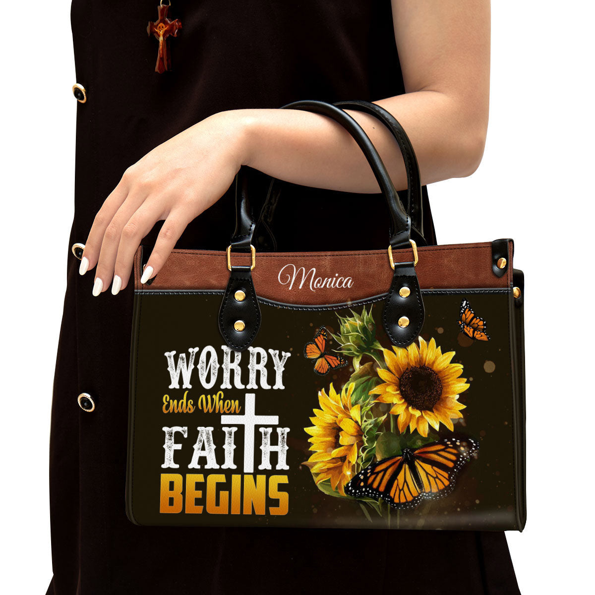 Worry Ends When Faith Begins Personalized Butterfly Leather Bag For Women - Religious Gifts For Women