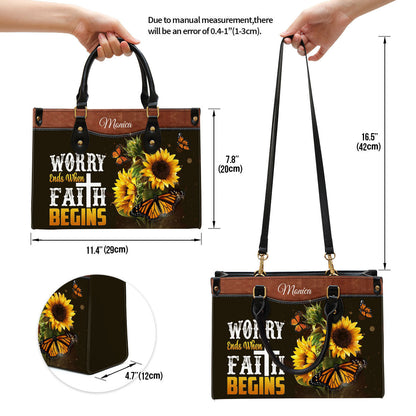 Worry Ends When Faith Begins Personalized Butterfly Leather Bag For Women - Religious Gifts For Women