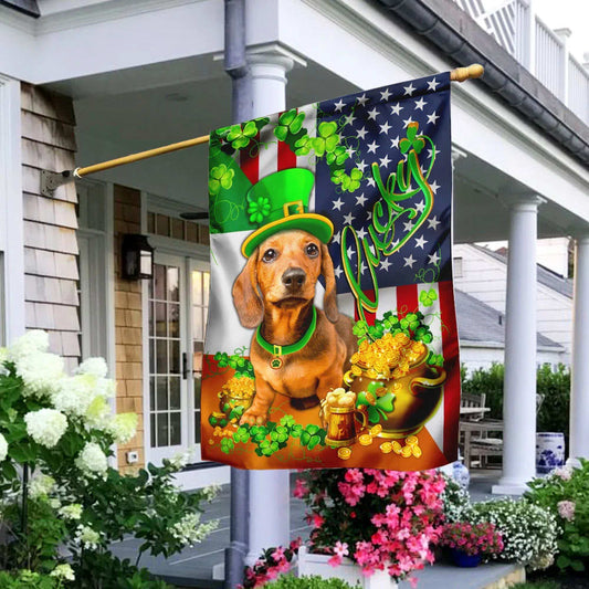 Yellow Dachshund Happy House Flag - St Patrick's Day Garden Flag - Outdoor St Patrick's Day Decor