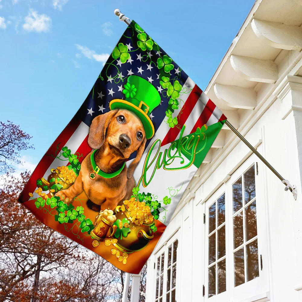 Yellow Dachshund Happy House Flag - St Patrick's Day Garden Flag - Outdoor St Patrick's Day Decor