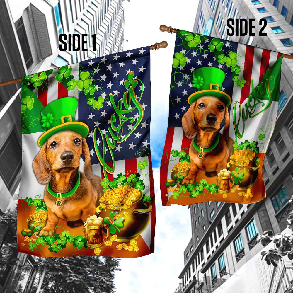 Yellow Dachshund Happy House Flag - St Patrick's Day Garden Flag - Outdoor St Patrick's Day Decor