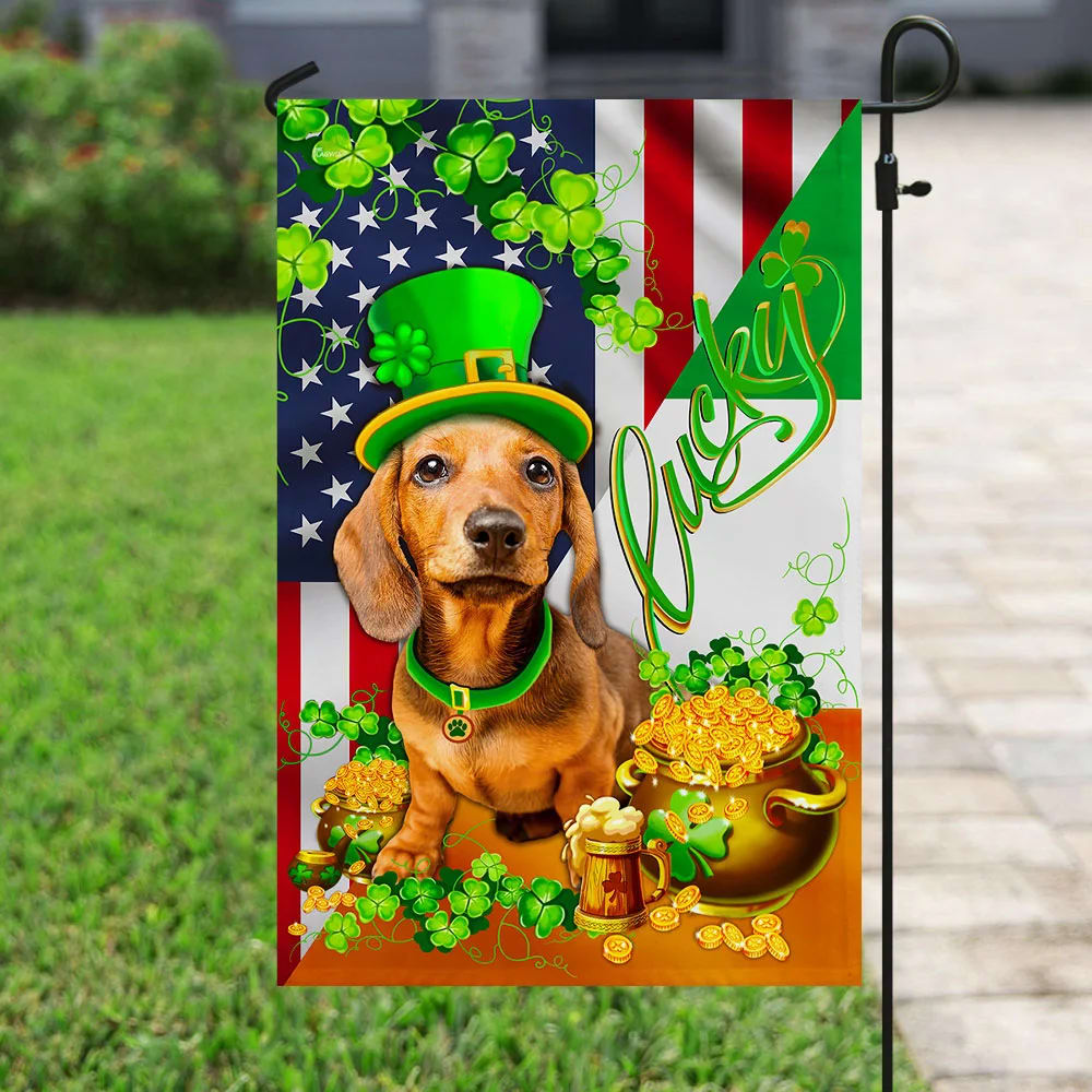 Yellow Dachshund Happy House Flag - St Patrick's Day Garden Flag - Outdoor St Patrick's Day Decor