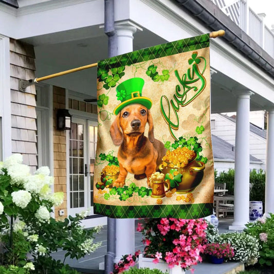 Yellow Dachshund House Flag - St Patrick's Day Garden Flag - Outdoor St Patrick's Day Decor